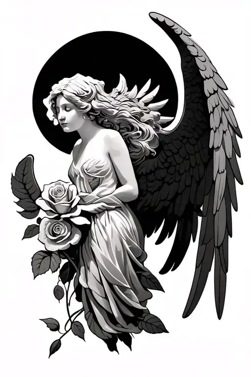 rose, angel with open wings tattoo design idea