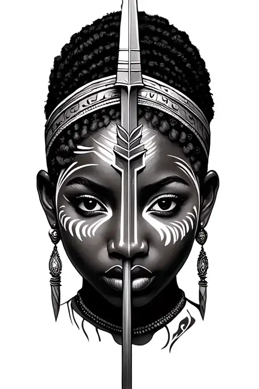 two beautiful African women faces war paint warriors. facing front. spear tattoo design idea