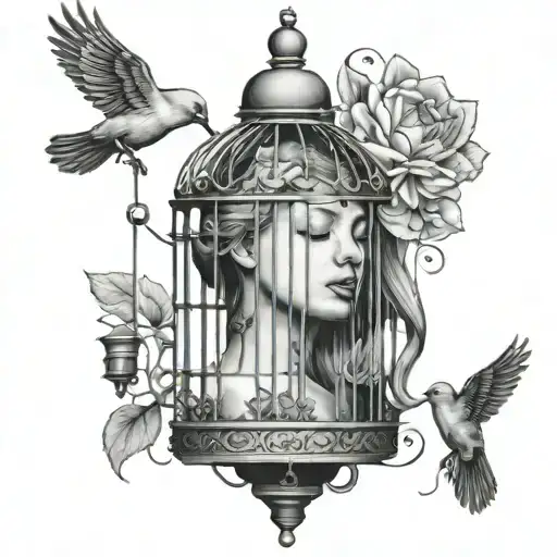 woman with bird cage instead of head tattoo design idea