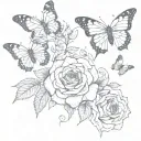 butterflies flying around a red rose intertwined on a vine with thorns in a circle like a crown tattoo design idea