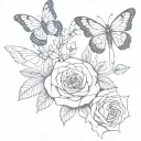 butterflies flying around a red rose intertwined on a vine with thorns in a circle like a crown tattoo design idea
