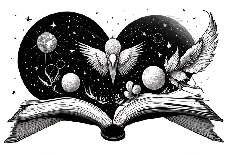 bookish theme with celestial elements intertwined tattoo design idea