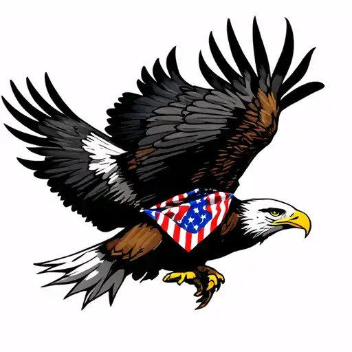 Flying Bald Eagle wearing an American Flag bandana. Black case in it's talons. tattoo design idea