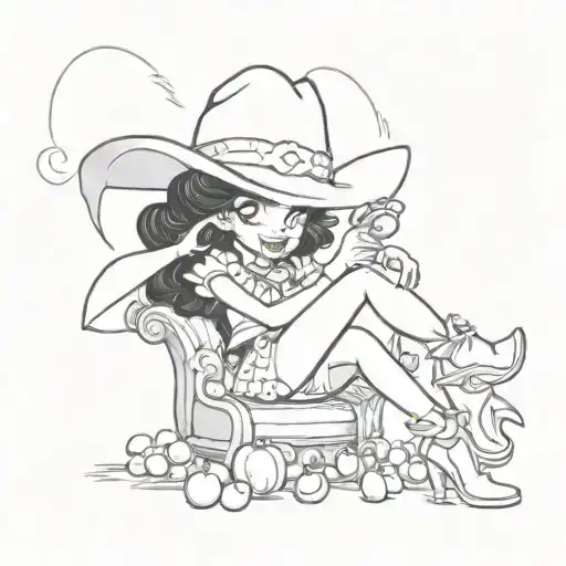 Betty boop as a cowgirl sitting on a pair of cherries and kicking her leg in the air as her dog, Pudgy licks her face tattoo design idea