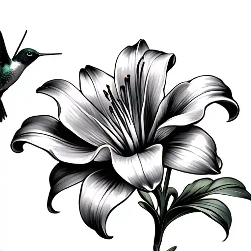 lily flower with hummingbird hovering tattoo design idea
