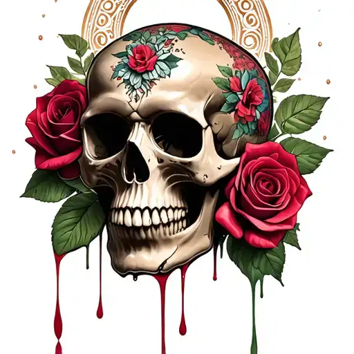 dripping mandala with skull and roses tattoo design idea