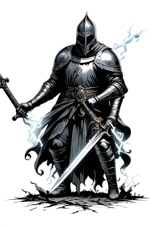 the knight stuck his sword down and lightning went into the ground tattoo design idea