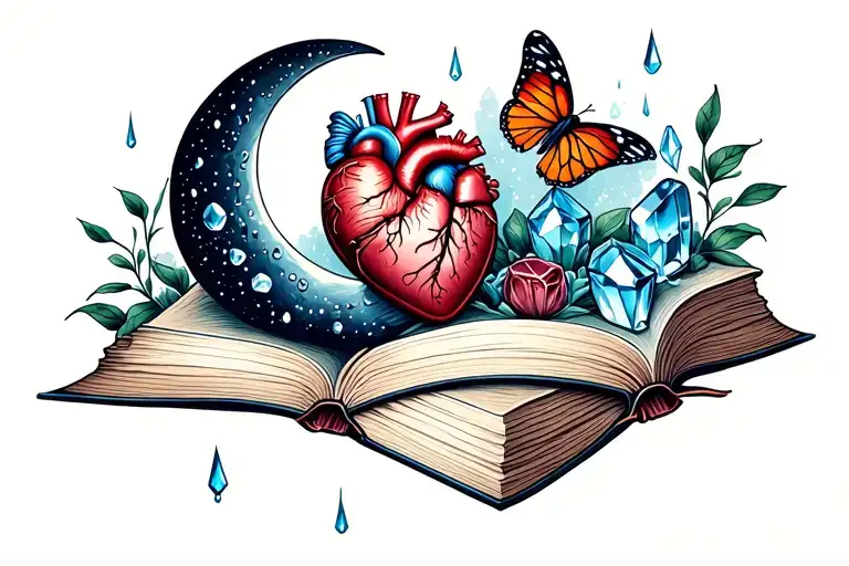 waxing crescent moon, rain, books, biological human heart, crystals and butterfly.  tattoo design idea
