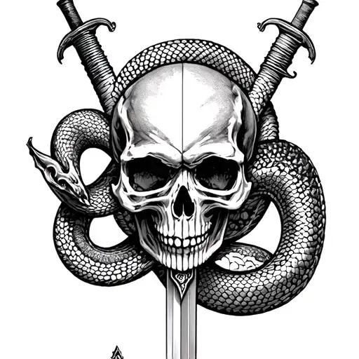 Skull with snake and sword tattoo design idea