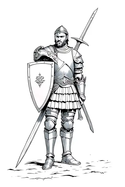 Scottish knight one 1 knee in armor wielding sword and shield  tattoo design idea
