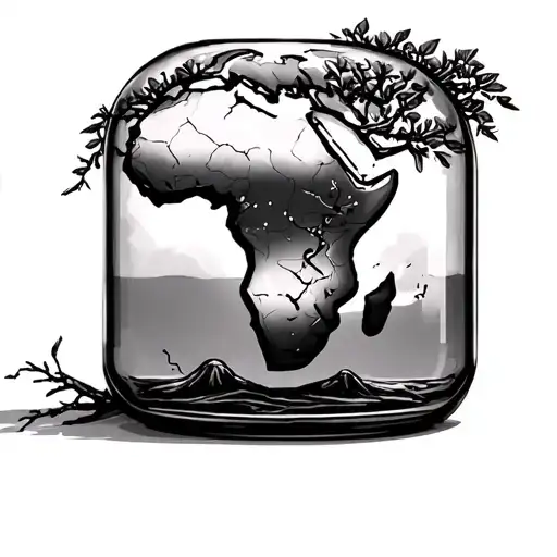 glass bottle with Africa inside, a tree growing out off the bottle with all the other continents as leaves tattoo design idea