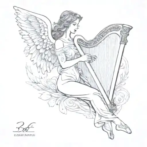 A tattoo of an angel playing a harp, with a quote from a famous philosopher incorporated into the design tattoo design idea