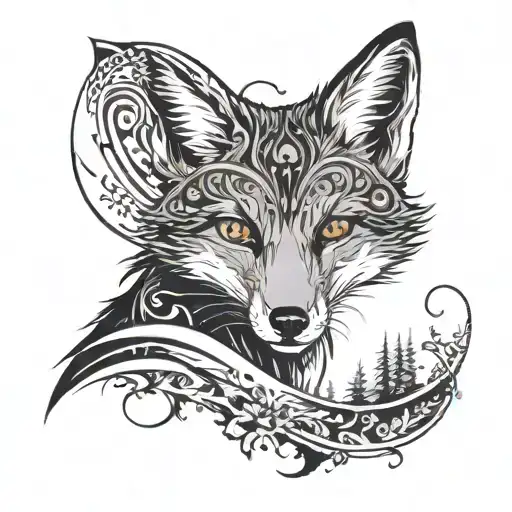 An emo-inspired design of a fox gazing at a frozen lake, with dark swirling patterns tattoo design idea