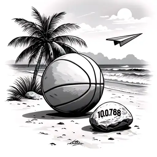 a beach with a paper plane flying over it, on the beach a basketball and a stone with 10.07.68 on it tattoo design idea