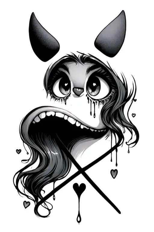 A figure hearts for eyes with tears coming out slightly with x stich crossing for a mouth kinda muffled tattoo design idea