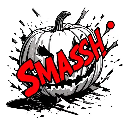 pumpkin smashing apart with the word smash written in red comic book style  tattoo design idea