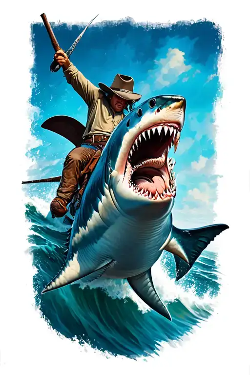 cowboy riding a shark  tattoo design idea