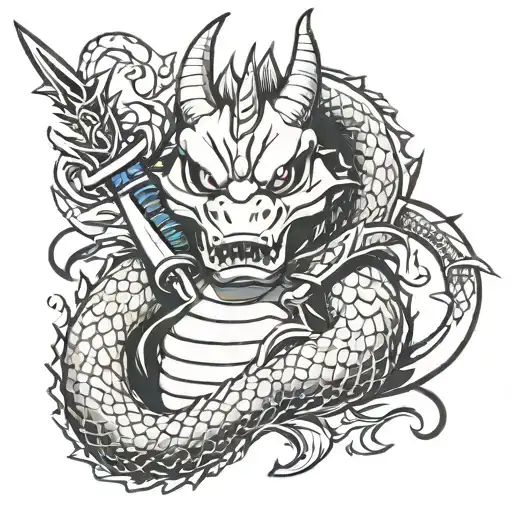 Dragonite wearing an oni mask weilding a dagger with the inscription for number 149 tattoo design idea