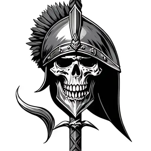 skull with trojan helmet on spear piercing tattoo design idea