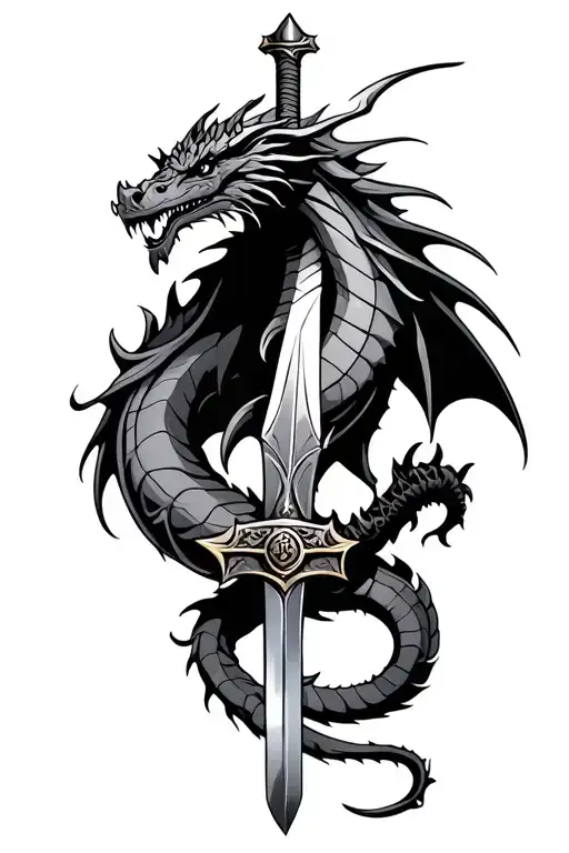medieval dragon wrapped around a knights sword tattoo design idea