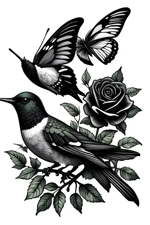 black rose hummingbird butterfly cardinal tattoo design idea