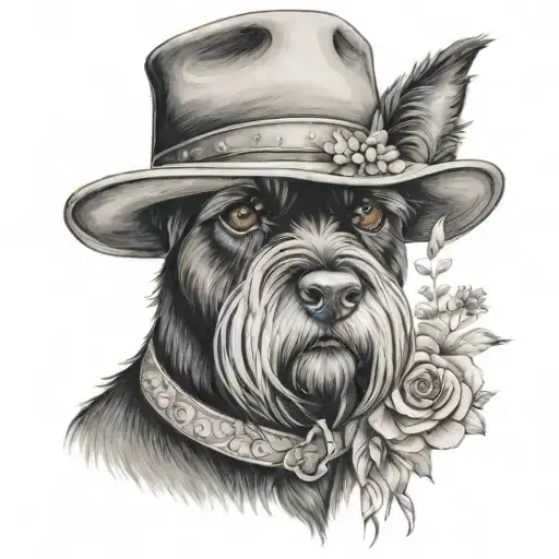 all black schnauzer with cowgirl hat and brown eyes and a collar and flowers looking to the side tattoo design idea
