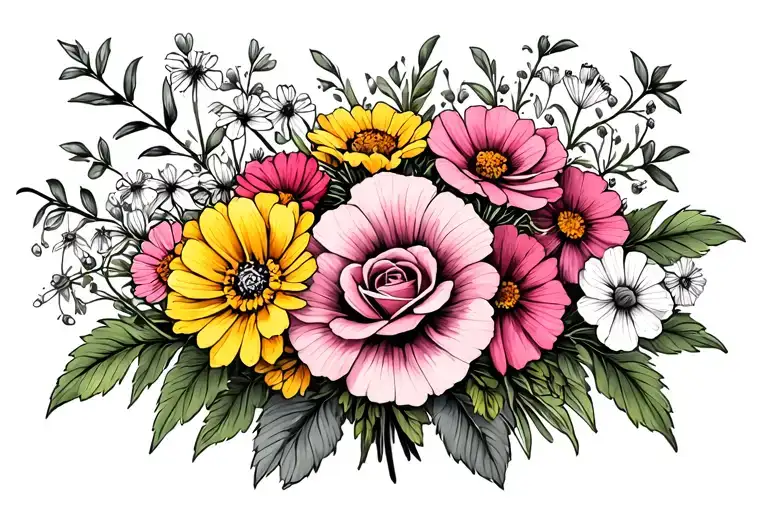 yellow marigold, pink roses, pink garden cosmos, and white alyssums bouquet with green leaves tattoo design idea