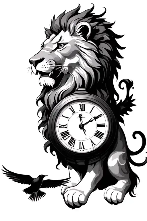 Lion And Clock and bird flying away tattoo design idea