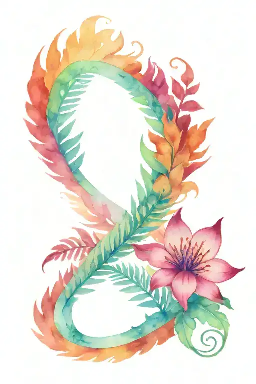 Tattoo design, with the symbol of Aya which is based on the fern plant. surrounded by a colourful floral design tattoo design idea