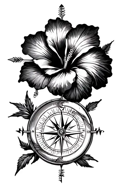 Kanak ridge arrow hibiscus flower wind rose on a compass tattoo design idea