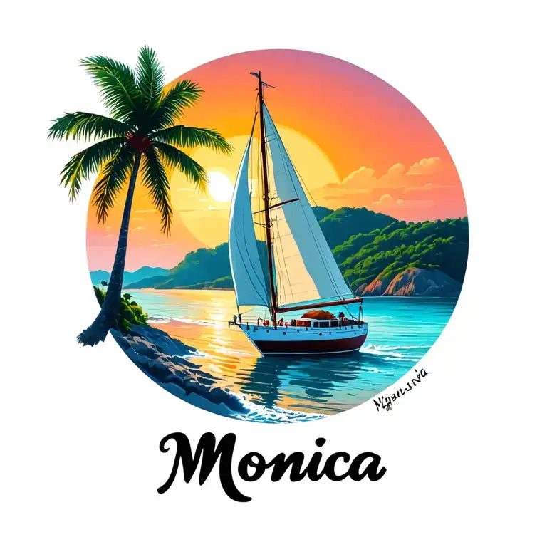 "Monica" "Monica" "Monica" "Monica" white sailboat front, sailing towards sunrise, background island palm, ocean, beach vibrant color tattoo design idea