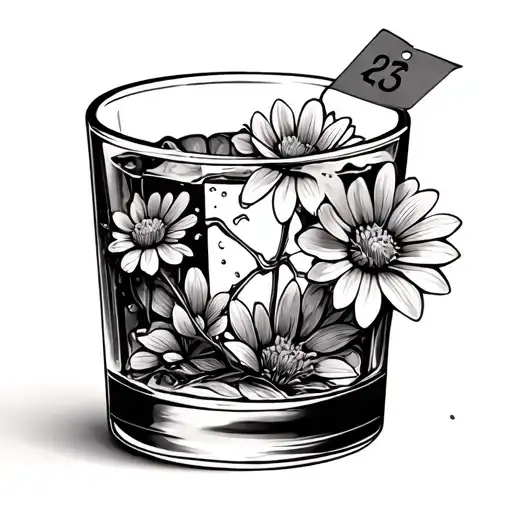 broken short whiskey glass with flowers emerging from cracks and small price tag hanging out from top tattoo design idea