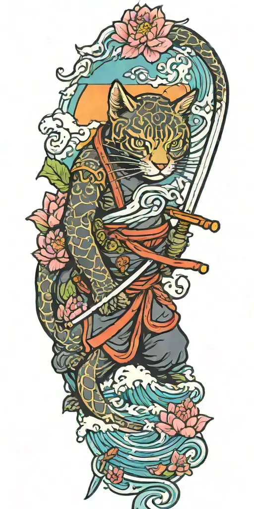 ninja cat holding katana sword, tail, water, waves, lotus, sakura, clouds, whirlpool, leaves, peony, sunset tattoo design idea