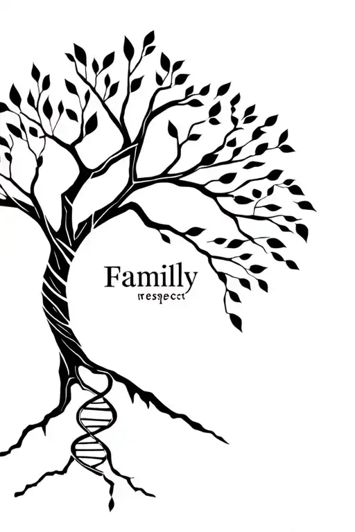 Lineart family tree with a broken dna strand, and the word family, honor, respect  tattoo design idea