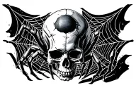skull facing forward with spider behind it crawling, spider webs around it tattoo design idea