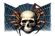 skull facing forward with spider behind it crawling, spider webs around it tattoo design idea