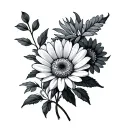 ever the same, larkspur, chrysanthemum, marigold  tattoo design idea