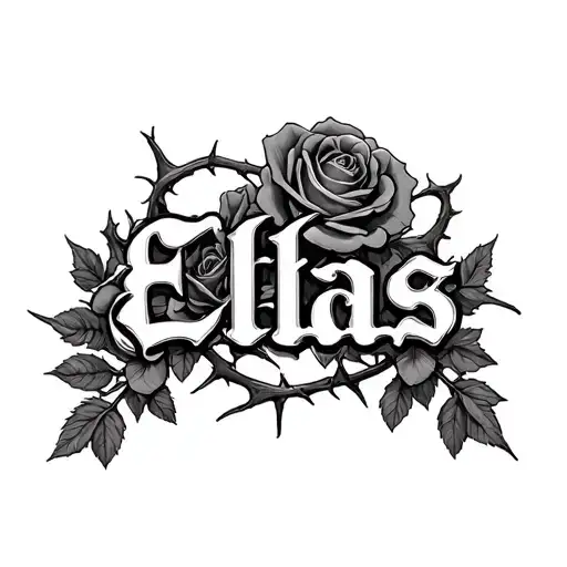 Elias name surrounded by roses and thorns tattoo design idea