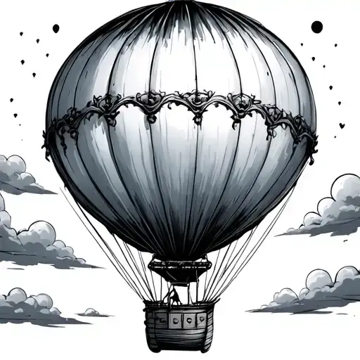black and gray whimsical hot air balloon in the style of tim burton tattoo design idea