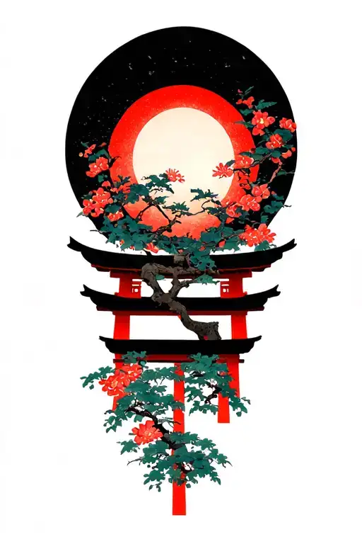 Japanese red sun, Shinto shrine, flowers and bonsai branches in a wood block print style. tattoo design idea