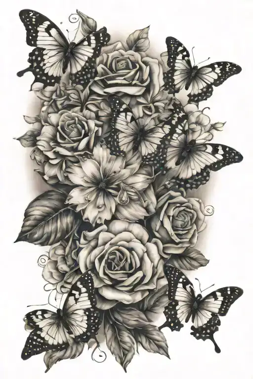 Flor de Maga flowers and 3 butterflies around and on some of the flowers no color   tattoo design idea
