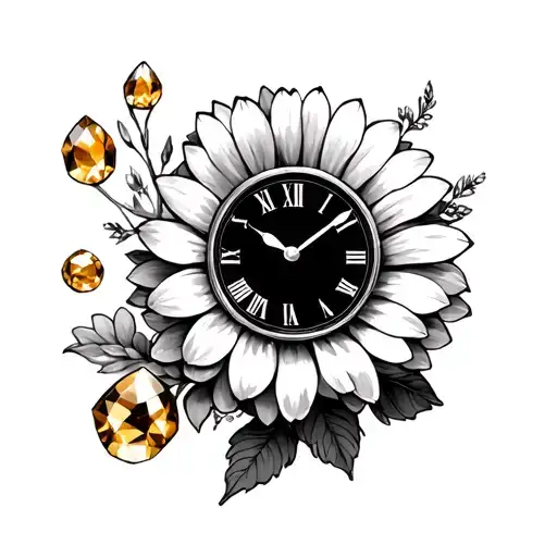romanian clock reading 21:01 with Chrysanthemum flower and citrine birthstones tattoo design idea