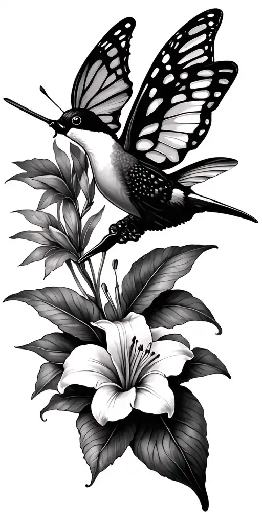 haircutting scissors, hummingbird, butterfly lily tattoo design idea
