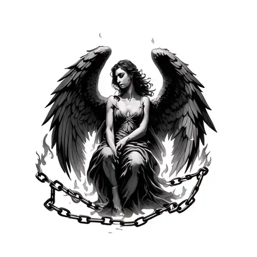 The fallen angel with fire wings breaks the chains tattoo design idea