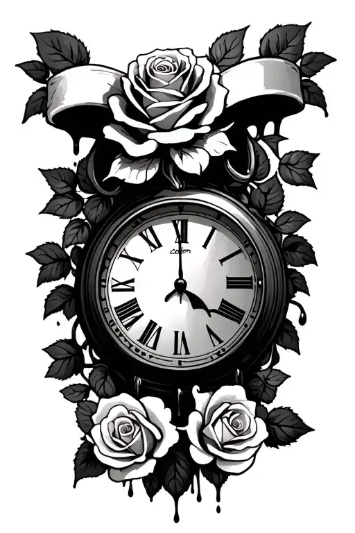 one rose on top of a dripping clock with 2 roses at the bottom and vines wraped around the clock banner at the top  tattoo design idea