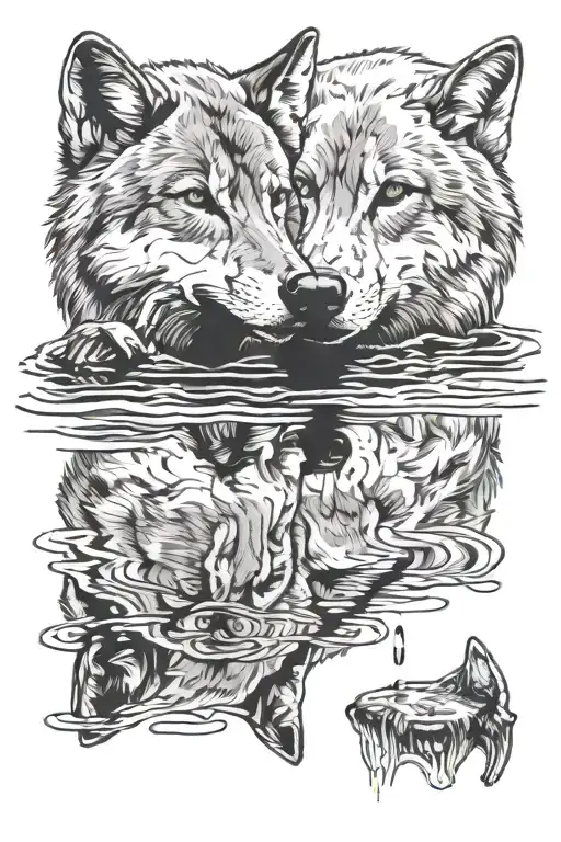 wolf looking down at cub wolf drinking from water with wolf reflection tattoo design idea