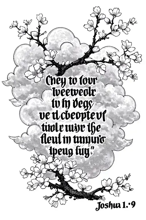Bible Verse Joshua 1:9 with cherry blossoms and clouds around it  tattoo design idea