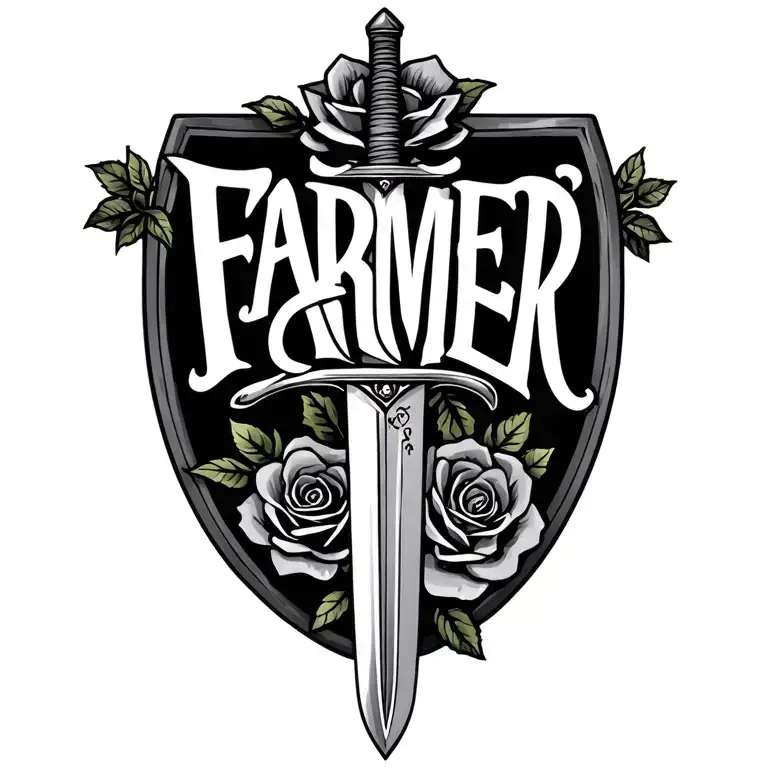 "FARMER" crest using sword and roses tattoo design idea