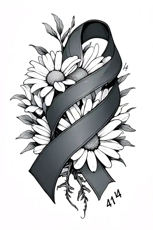 ribbon with a spine coming out of it and the number 41 and daisy's  tattoo design idea