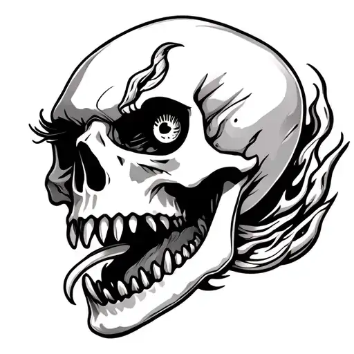 skull, with eyelashes. 2 large fangs with snake tongue and fire hehind. tattoo design idea